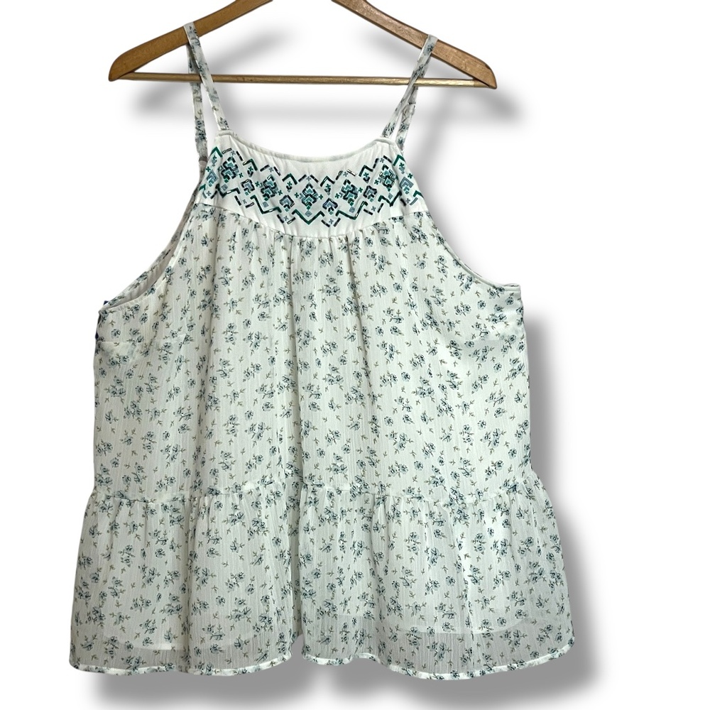 Torrid Floral Crinkled Chiffon Relaxed Cami Sz 1X Boho Babydoll‎ White Blue